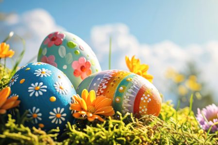 Happy Easter. Decorated Easter eggs on green grass on a sunny spring day. Easter banner with copy space